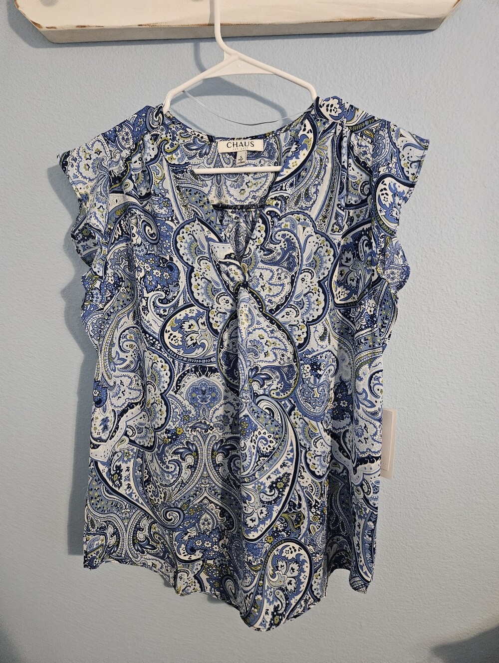 Chaus Blue, White and Green Paisley Ruffle Cap Sleeve Blouse